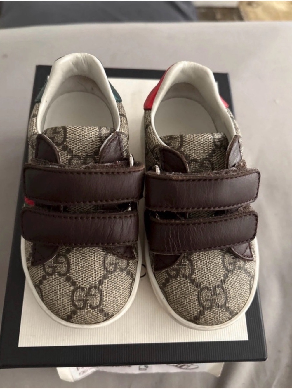 Gucci Brown GG Monogram Kids Velcro Sneakers with Red & Green Heel Tabs